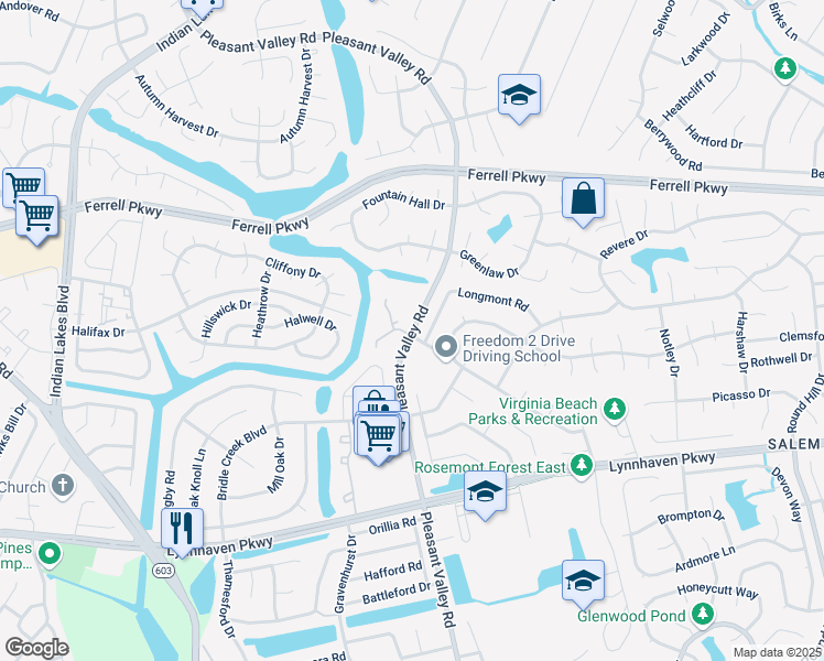 map of restaurants, bars, coffee shops, grocery stores, and more near 4900 Willow Pointe Lane in Virginia Beach