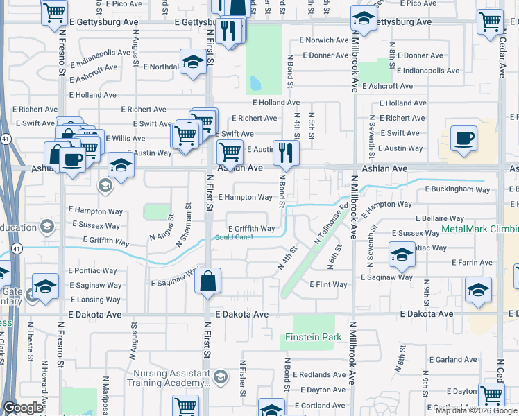 map of restaurants, bars, coffee shops, grocery stores, and more near 3341 East Bellaire Way in Fresno