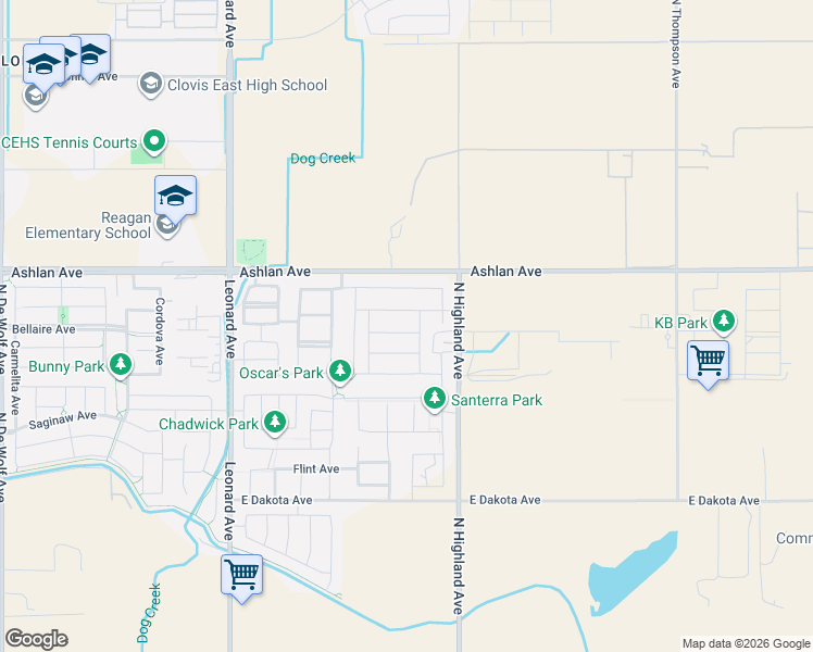 map of restaurants, bars, coffee shops, grocery stores, and more near 4115 Mecca Avenue in Clovis