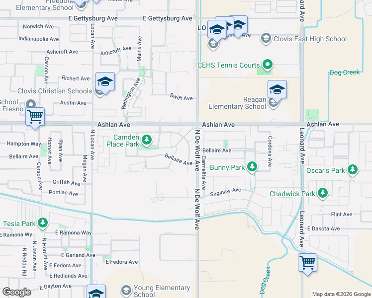 map of restaurants, bars, coffee shops, grocery stores, and more near 3331 Graybark Avenue in Clovis