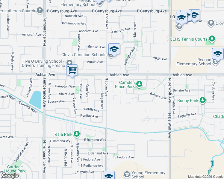 map of restaurants, bars, coffee shops, grocery stores, and more near 3246 Monterosa Lane in Clovis
