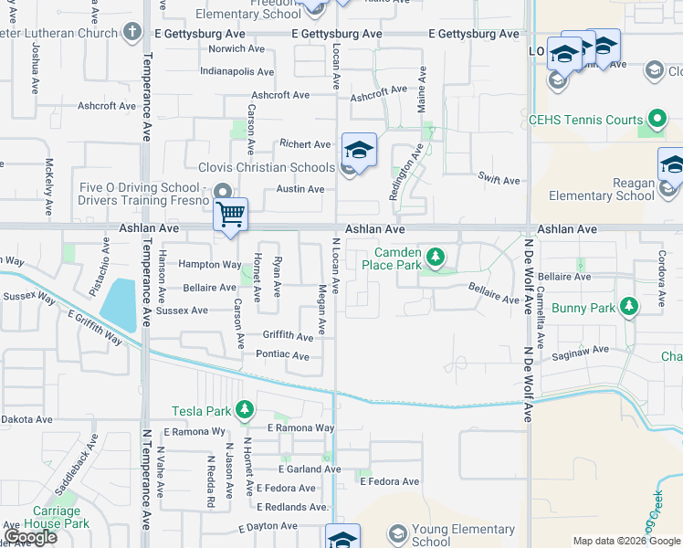 map of restaurants, bars, coffee shops, grocery stores, and more near 3246 Monterosa Lane in Clovis