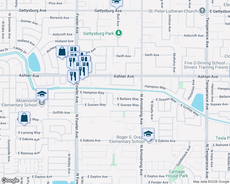 map of restaurants, bars, coffee shops, grocery stores, and more near 3697 North Denali Avenue in Fresno