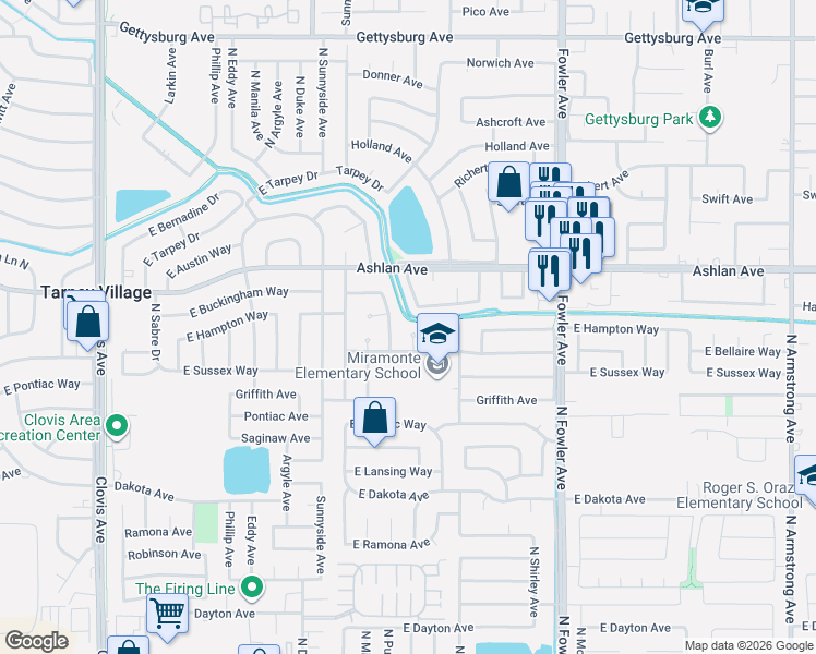 map of restaurants, bars, coffee shops, grocery stores, and more near 3306 Fordham Avenue in Clovis