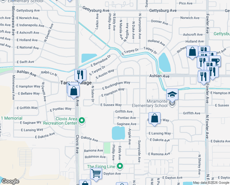 map of restaurants, bars, coffee shops, grocery stores, and more near 4071 North Eddy Avenue in Fresno