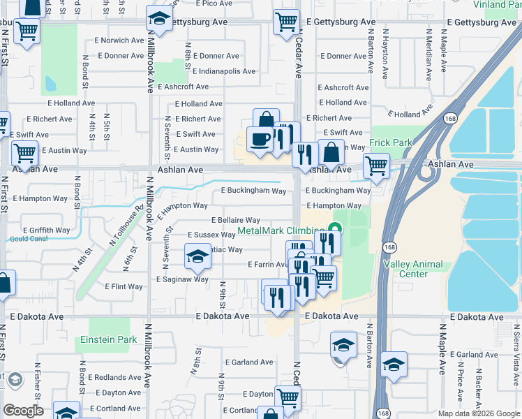 map of restaurants, bars, coffee shops, grocery stores, and more near 4022 East Hampton Way in Fresno