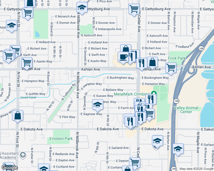 map of restaurants, bars, coffee shops, grocery stores, and more near 3914 East Hampton Way in Fresno