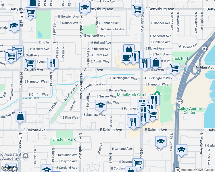 map of restaurants, bars, coffee shops, grocery stores, and more near 3846 East Hampton Way in Fresno