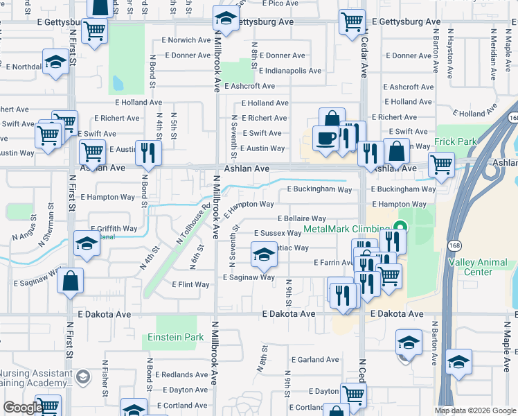 map of restaurants, bars, coffee shops, grocery stores, and more near 3846 East Hampton Way in Fresno