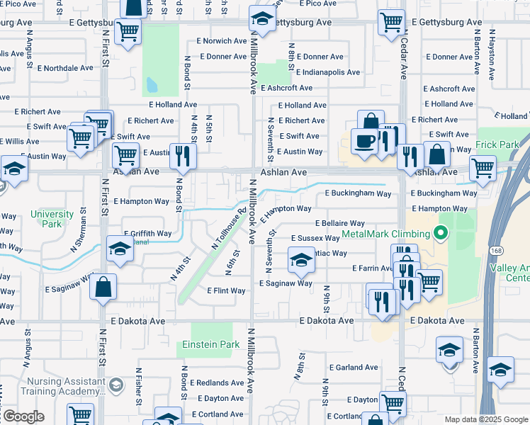 map of restaurants, bars, coffee shops, grocery stores, and more near 4084 North Millbrook Avenue in Fresno