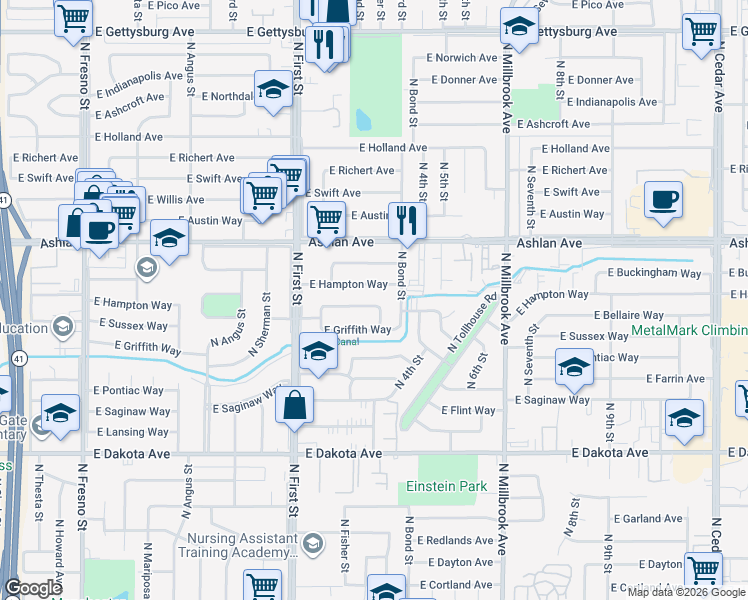map of restaurants, bars, coffee shops, grocery stores, and more near 3341 East Bellaire Way in Fresno