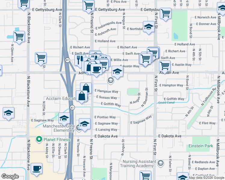map of restaurants, bars, coffee shops, grocery stores, and more near 2807 East Hampton Way in Fresno