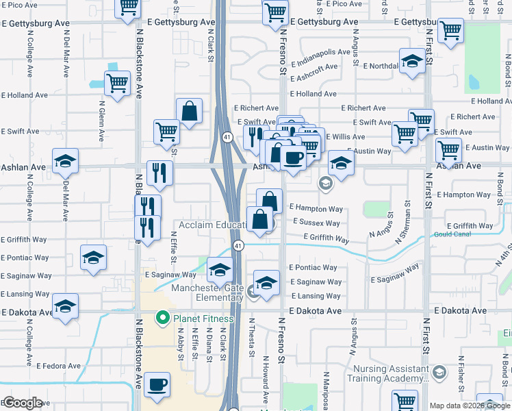 map of restaurants, bars, coffee shops, grocery stores, and more near 2404 East Hampton Way in Fresno