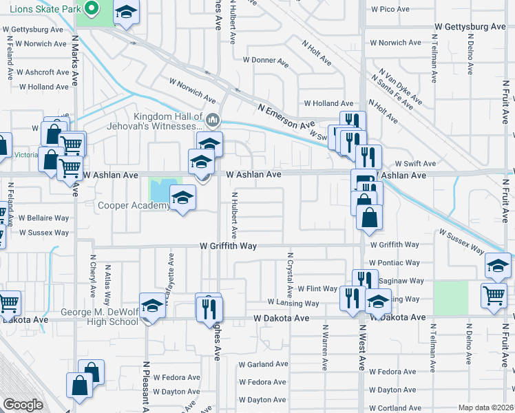 map of restaurants, bars, coffee shops, grocery stores, and more near 1911 West Hampton Way in Fresno