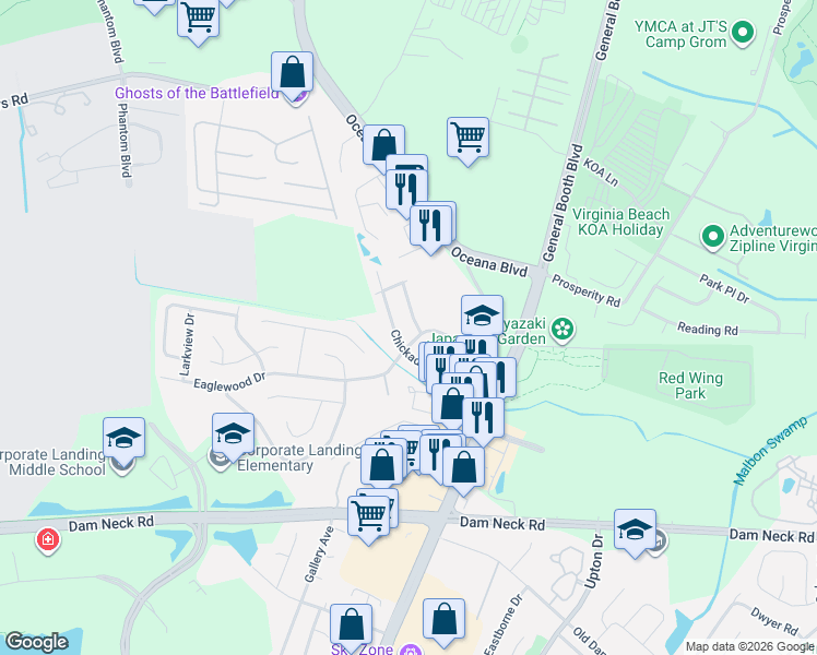 map of restaurants, bars, coffee shops, grocery stores, and more near 1433 Goldfinch Lane in Virginia Beach