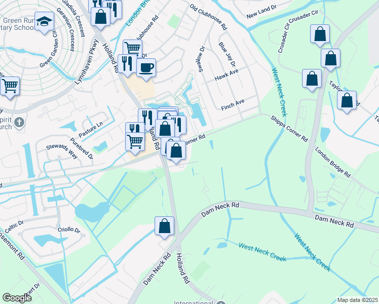 map of restaurants, bars, coffee shops, grocery stores, and more near 3169 Shipps Corner Road in Virginia Beach