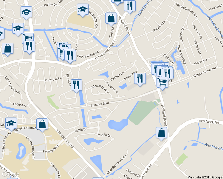 map of restaurants, bars, coffee shops, grocery stores, and more near 3808 Purebred Drive in Virginia Beach