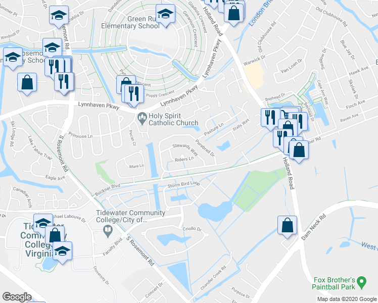 map of restaurants, bars, coffee shops, grocery stores, and more near 3524 Riders Lane in Virginia Beach