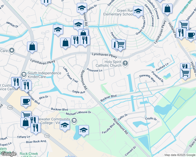 map of restaurants, bars, coffee shops, grocery stores, and more near 1474 Poinsetta Arch in Virginia Beach