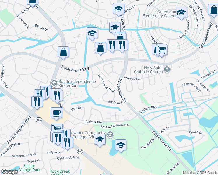 map of restaurants, bars, coffee shops, grocery stores, and more near 3748 Lake Tahoe Trail in Virginia Beach