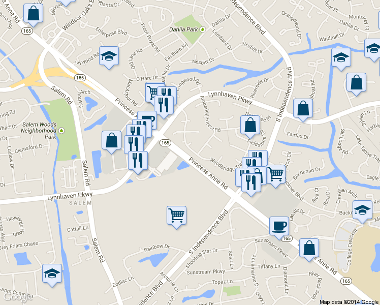 map of restaurants, bars, coffee shops, grocery stores, and more near 1356 Woodbridge Trail in Virginia Beach