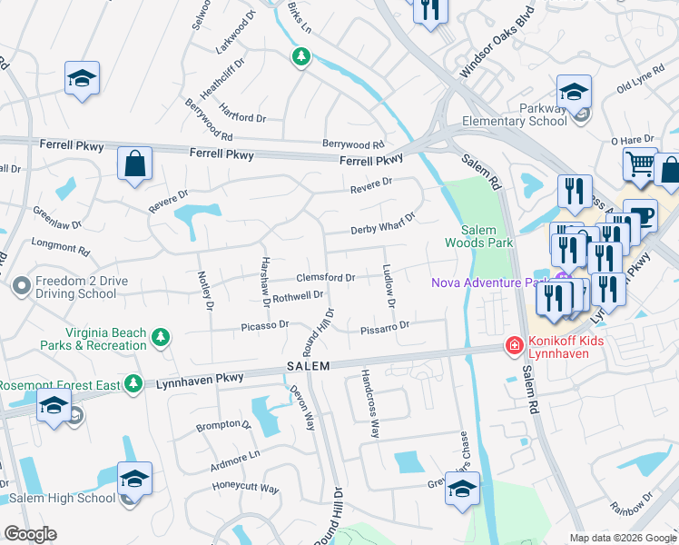 map of restaurants, bars, coffee shops, grocery stores, and more near 4492 Clemsford Drive in Virginia Beach