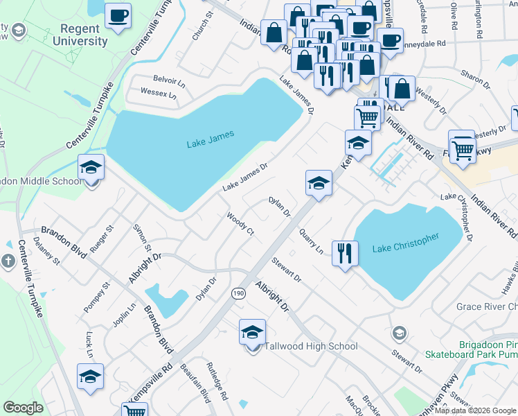 map of restaurants, bars, coffee shops, grocery stores, and more near 1580 Dylan Drive in Virginia Beach