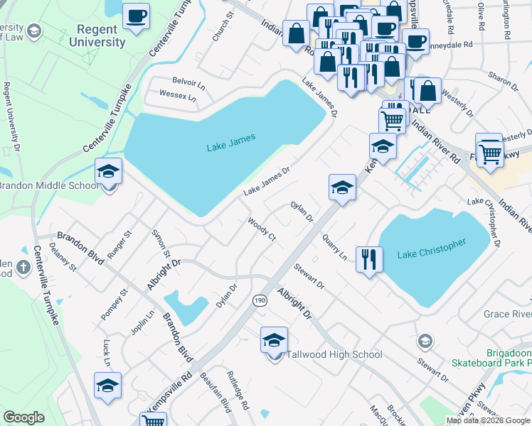 map of restaurants, bars, coffee shops, grocery stores, and more near 1580 Dylan Drive in Virginia Beach