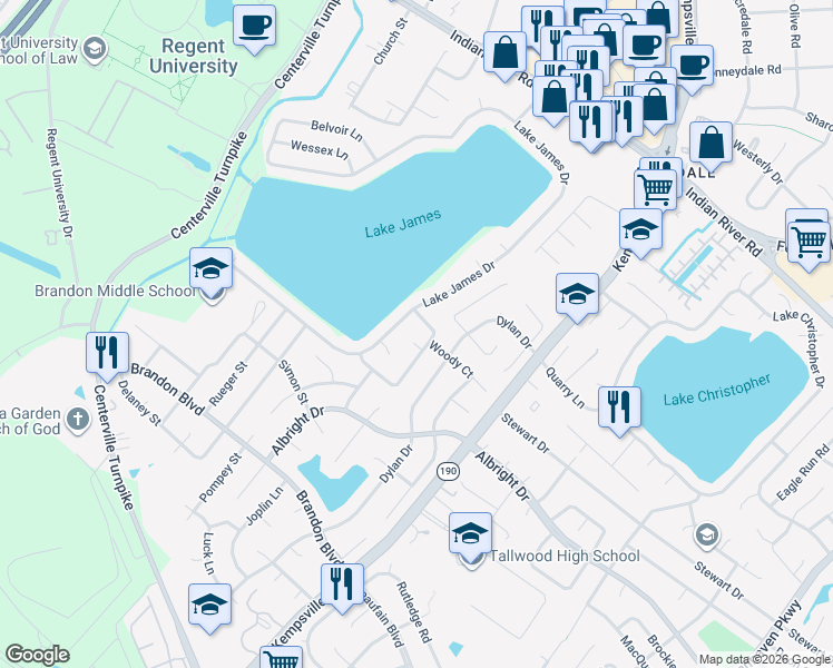 map of restaurants, bars, coffee shops, grocery stores, and more near 1480 Lake James Drive in Virginia Beach