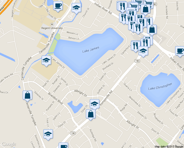 map of restaurants, bars, coffee shops, grocery stores, and more near 1480 Lake James Drive in Virginia Beach