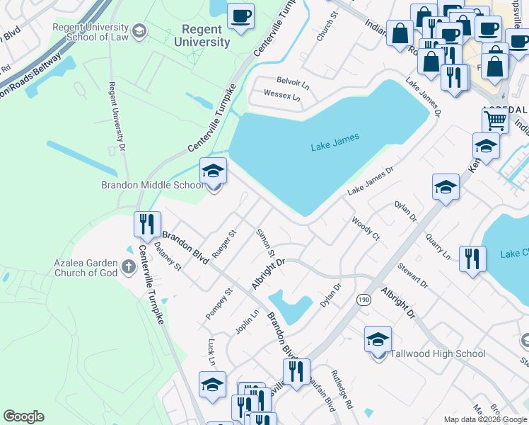 map of restaurants, bars, coffee shops, grocery stores, and more near 1689 Delaney Street in Virginia Beach