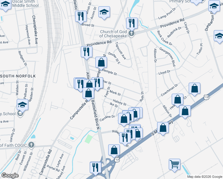 map of restaurants, bars, coffee shops, grocery stores, and more near 2711 Mark Street in Chesapeake