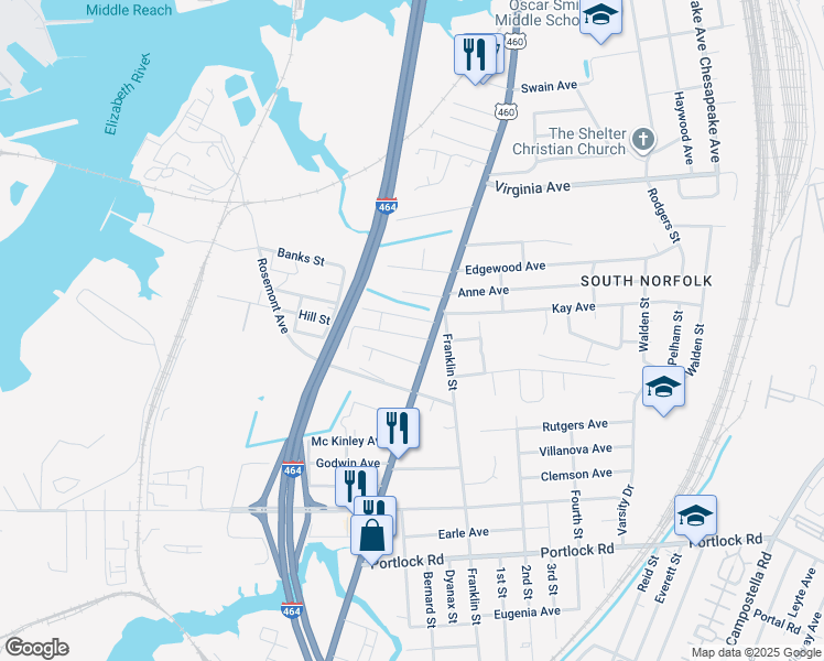 map of restaurants, bars, coffee shops, grocery stores, and more near 1009 Hill Street in Chesapeake