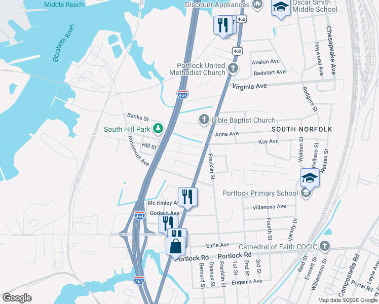 map of restaurants, bars, coffee shops, grocery stores, and more near 1009 Hill Street in Chesapeake