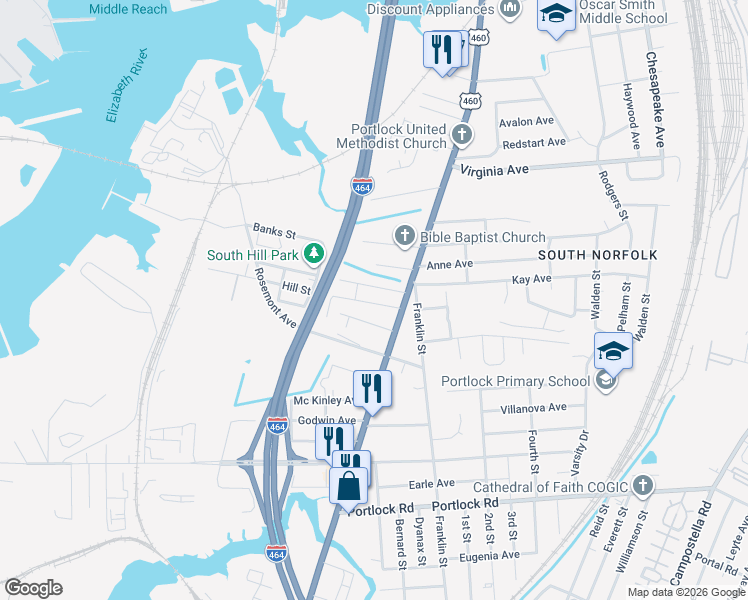 map of restaurants, bars, coffee shops, grocery stores, and more near 1009 Hill Street in Chesapeake