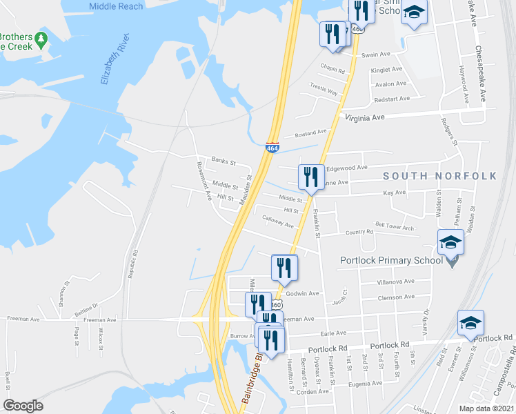 map of restaurants, bars, coffee shops, grocery stores, and more near 918 Hill Street in Chesapeake