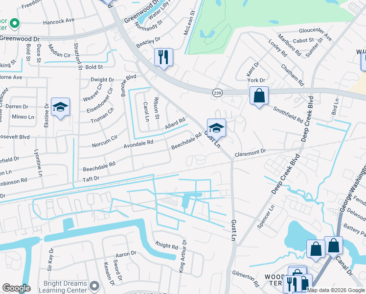 map of restaurants, bars, coffee shops, grocery stores, and more near 215 Beechdale Road in Portsmouth