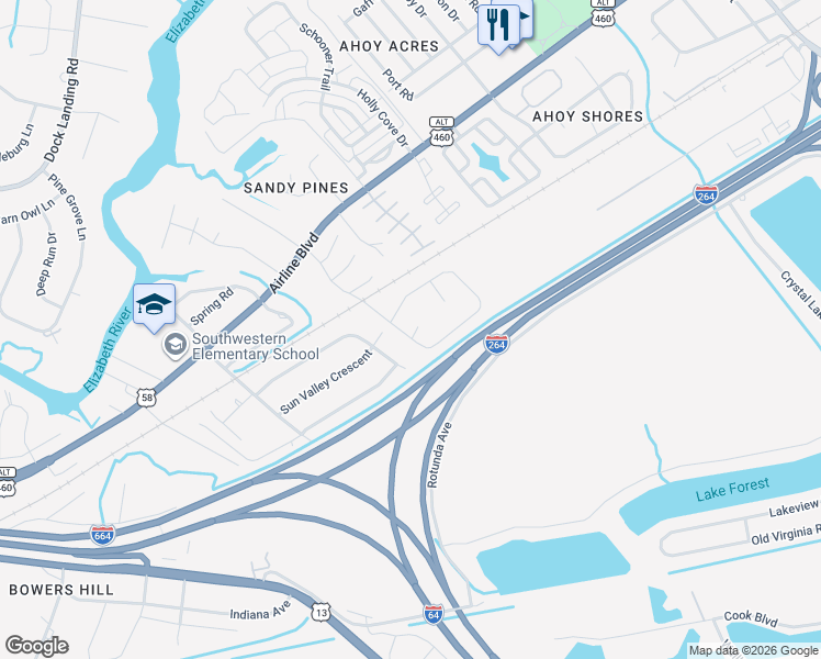 map of restaurants, bars, coffee shops, grocery stores, and more near 4008 Wyant Court in Chesapeake