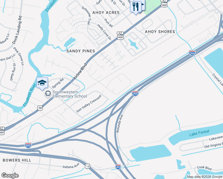 map of restaurants, bars, coffee shops, grocery stores, and more near 4008 Wyant Court in Chesapeake
