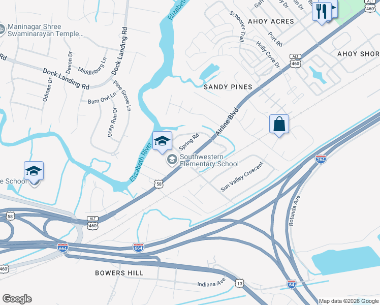 map of restaurants, bars, coffee shops, grocery stores, and more near 4328 U.S. 58 in Chesapeake