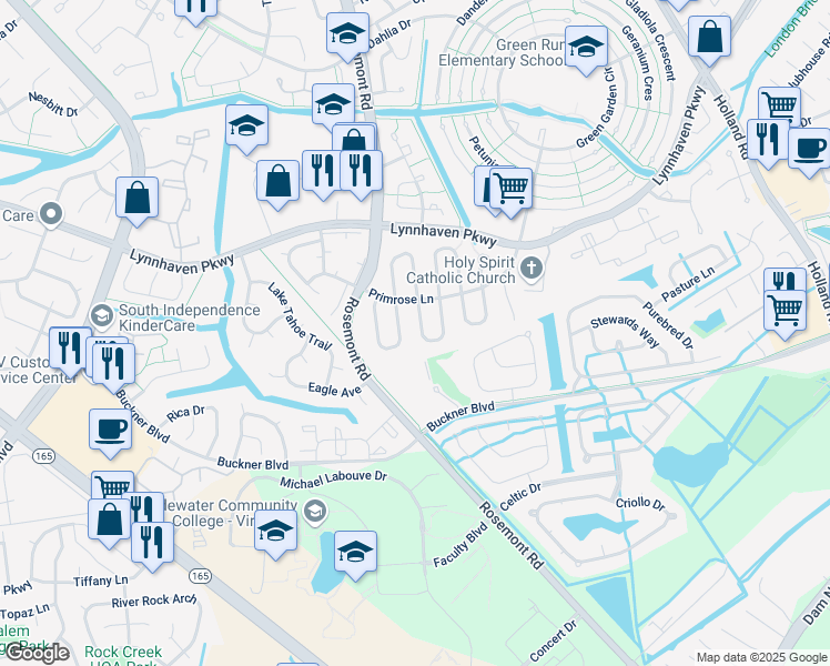 map of restaurants, bars, coffee shops, grocery stores, and more near 1474 Poinsetta Arch in Virginia Beach