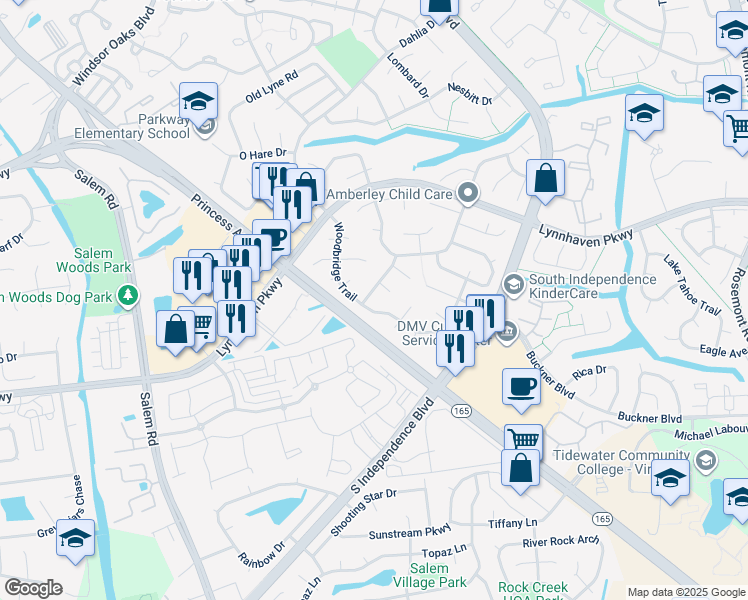 map of restaurants, bars, coffee shops, grocery stores, and more near 1528 Hedgefield Lane in Virginia Beach