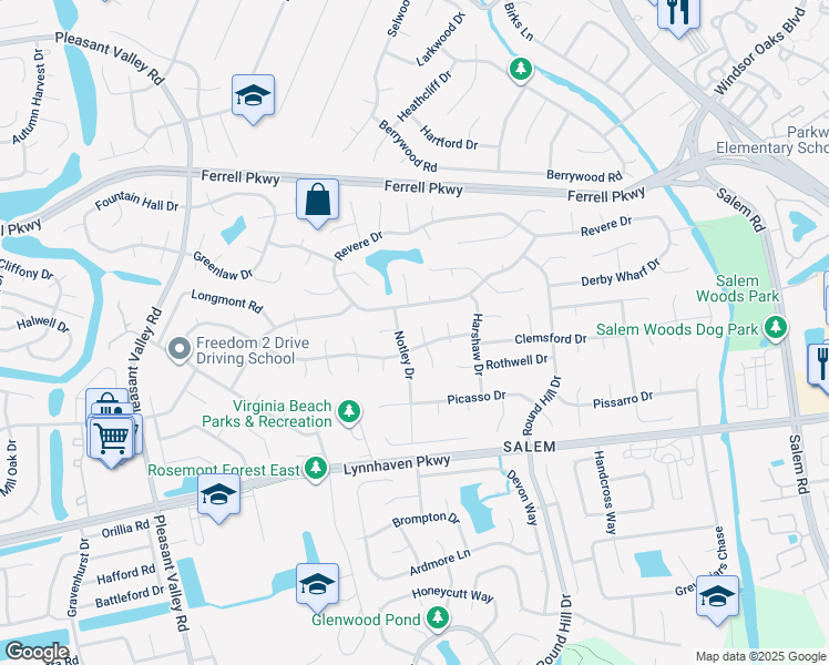 map of restaurants, bars, coffee shops, grocery stores, and more near 1605 Shrewsbury Court in Virginia Beach