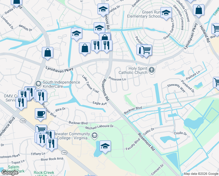 map of restaurants, bars, coffee shops, grocery stores, and more near 1483 Old Oak Arch in Virginia Beach