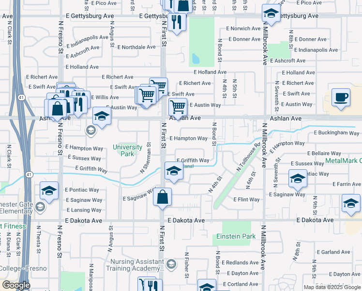 map of restaurants, bars, coffee shops, grocery stores, and more near 3239 East Bellaire Way in Fresno