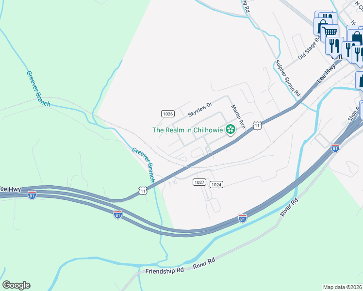 map of restaurants, bars, coffee shops, grocery stores, and more near 1101 County Road 1016 in Chilhowie