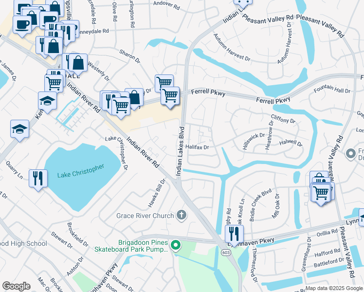 map of restaurants, bars, coffee shops, grocery stores, and more near Indian Lakes Blvd & Halifax Dr in Virginia Beach