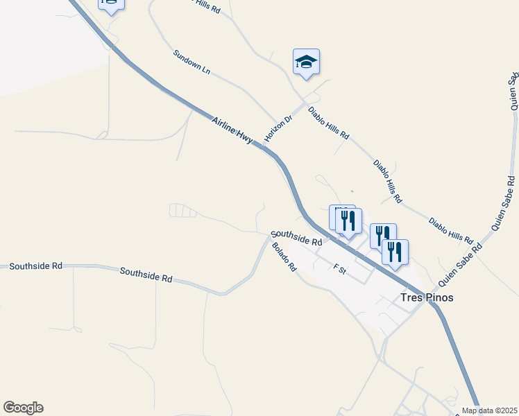 map of restaurants, bars, coffee shops, grocery stores, and more near 8527 Southside Road in Hollister