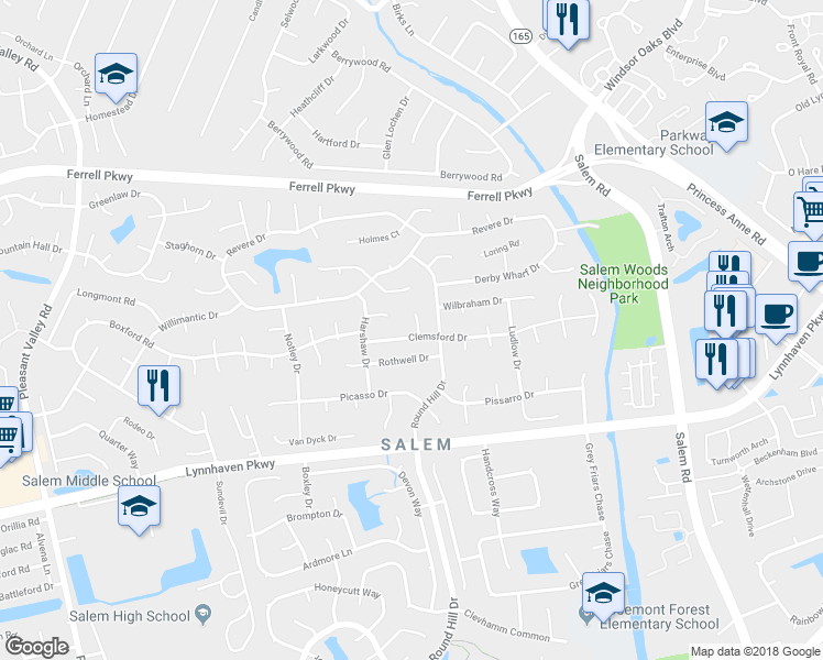map of restaurants, bars, coffee shops, grocery stores, and more near 1413 Clemsford Court in Virginia Beach