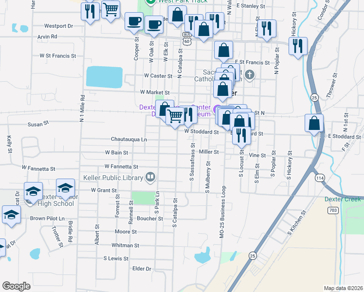 map of restaurants, bars, coffee shops, grocery stores, and more near 136 South Catalpa Street in Dexter